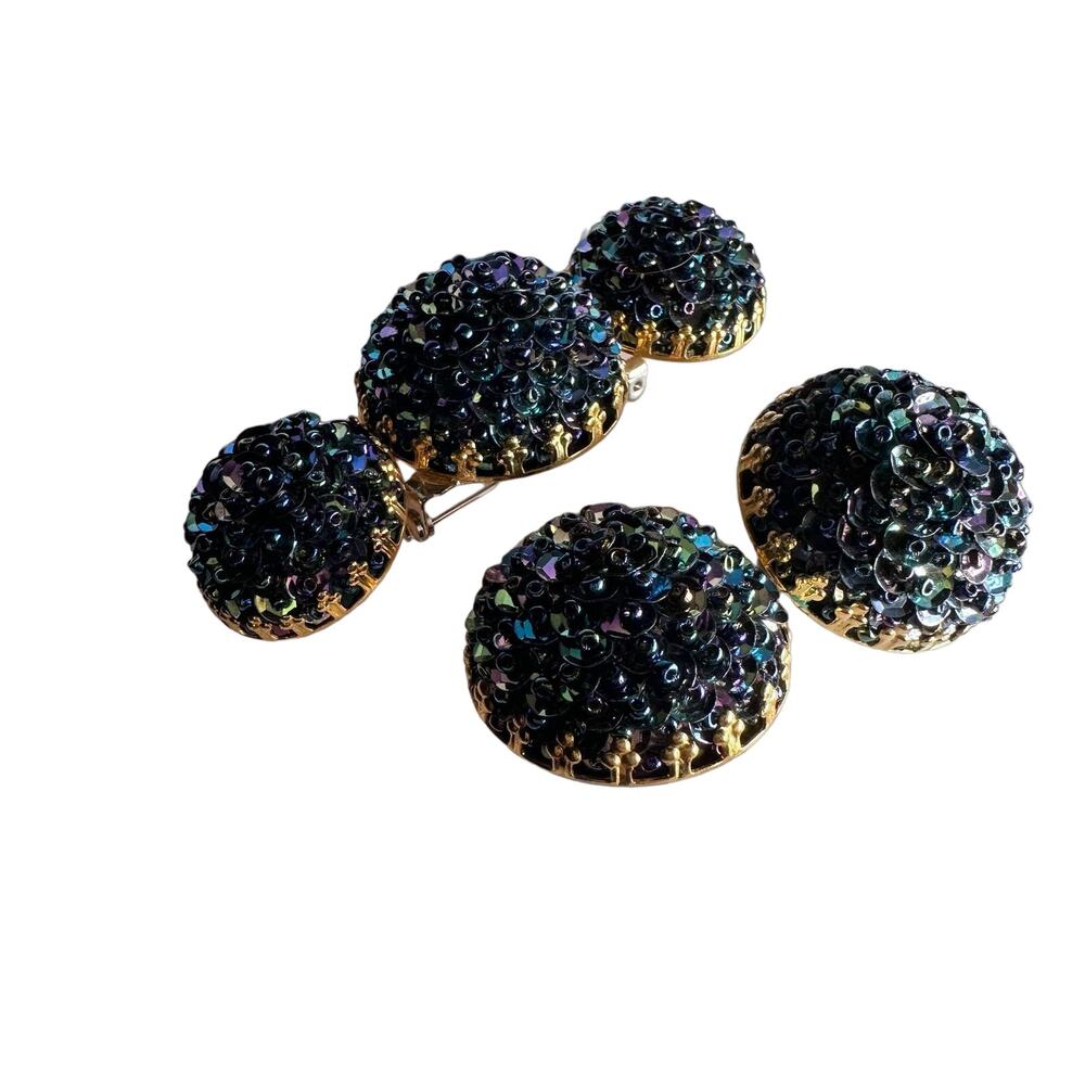 Clip on earrings and brooch set Purple Green Rhinestone Domes